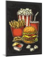 Poster with Fast Food. Cup Cola, Hamburger, Hotdog, Fry Potato in Red Paper Box, Carton Bucket Popc-MoreVector-Mounted Art Print