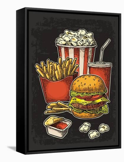 Poster with Fast Food. Cup Cola, Hamburger, Hotdog, Fry Potato in Red Paper Box, Carton Bucket Popc-MoreVector-Framed Stretched Canvas