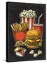 Poster with Fast Food. Cup Cola, Hamburger, Hotdog, Fry Potato in Red Paper Box, Carton Bucket Popc-MoreVector-Stretched Canvas