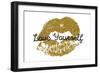 Poster with Gold Glitter Lips Prints on White Background.-Olga Rom-Framed Art Print