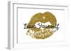 Poster with Gold Glitter Lips Prints on White Background.-Olga Rom-Framed Art Print