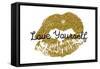 Poster with Gold Glitter Lips Prints on White Background.-Olga Rom-Framed Stretched Canvas