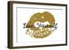 Poster with Gold Glitter Lips Prints on White Background.-Olga Rom-Framed Premium Giclee Print