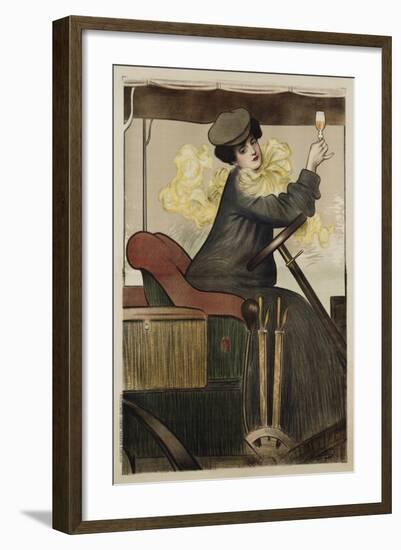 Poster with Woman in Vintage Automobile Holding Up Sherry Glass-Ramon Casas Carbo-Framed Giclee Print