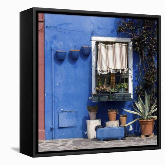 Pot Plants on Blue Painted Venice Building Exterior-Mike Burton-Framed Stretched Canvas