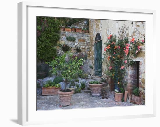 Potted Plants Decorate a Patio in Tuscany, Petroio, Italy-Dennis Flaherty-Framed Photographic Print