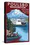 Poulsbo, Washington - Ferry and Mountain-Lantern Press-Stretched Canvas