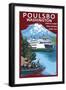 Poulsbo, Washington - Ferry and Mountain-Lantern Press-Framed Art Print