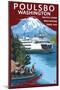 Poulsbo, Washington - Ferry and Mountain-Lantern Press-Mounted Art Print