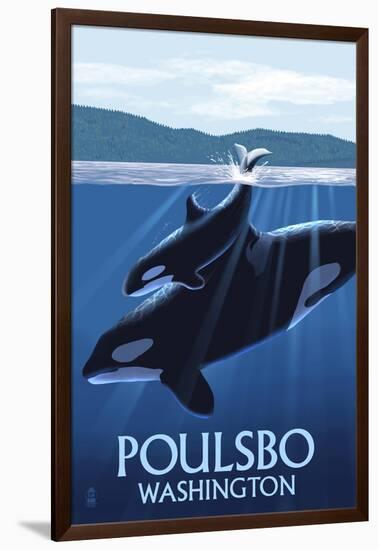 Poulsbo, Washington - Orca and Calf-Lantern Press-Framed Art Print