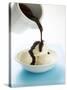 Pouring Chocolate Sauce over Vanilla Ice Cream-null-Stretched Canvas