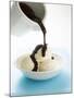 Pouring Chocolate Sauce over Vanilla Ice Cream-null-Mounted Photographic Print