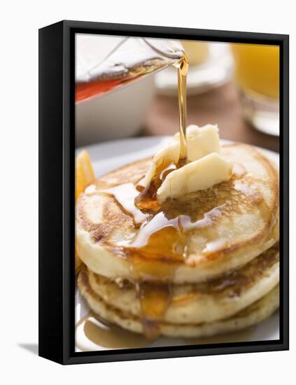 Pouring Maple Syrup over Pancakes with Dab of Butter-null-Framed Stretched Canvas