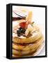 Pouring Maple Syrup over Waffles with Butter and Berries-null-Framed Stretched Canvas