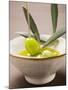 Pouring Olive Oil Over Olive Sprig with Green Olives-null-Mounted Photographic Print