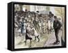 Poverty in Sheffield. Needy Kids Going to the Distribution of Food in Vestryhall. Colored Engraving-Tarker-Framed Stretched Canvas