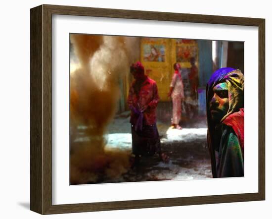 Powdered Dye Rains Down from the Rooftop of Apartments into an Alley-null-Framed Photographic Print
