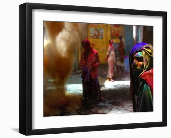 Powdered Dye Rains Down from the Rooftop of Apartments into an Alley-null-Framed Photographic Print