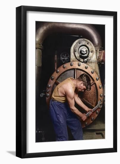 Power House Mechanic Working on Steam Pump C.1920 (Coloured Photo)-Lewis Wickes Hine-Framed Giclee Print