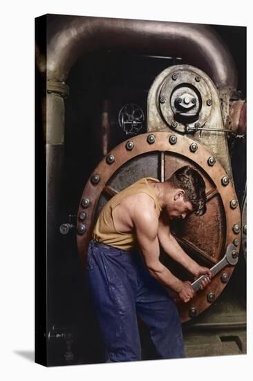 Power House Mechanic Working on Steam Pump C.1920 (Coloured Photo)-Lewis Wickes Hine-Stretched Canvas