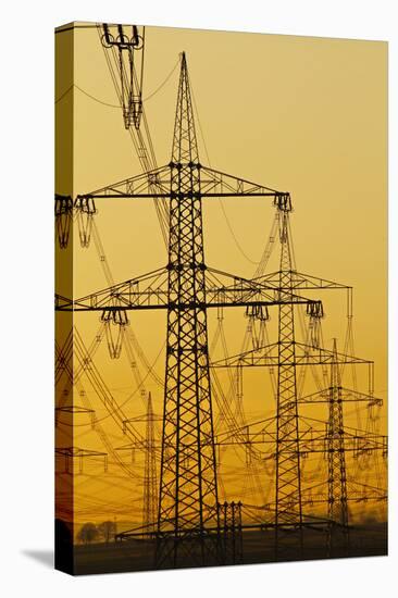 Power lines in morning light, Germany, Europe-Hans-Peter Merten-Stretched Canvas
