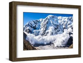 Power of Nature. Real Huge Avalanche Comes from a Big Mountain (Shkhara, 5,193 M), Caucasus, Kabard-Lysogor Roman-Framed Photographic Print