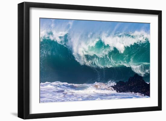 Powerful wave breaking off a beach, Hawaii-Mark A Johnson-Framed Photographic Print