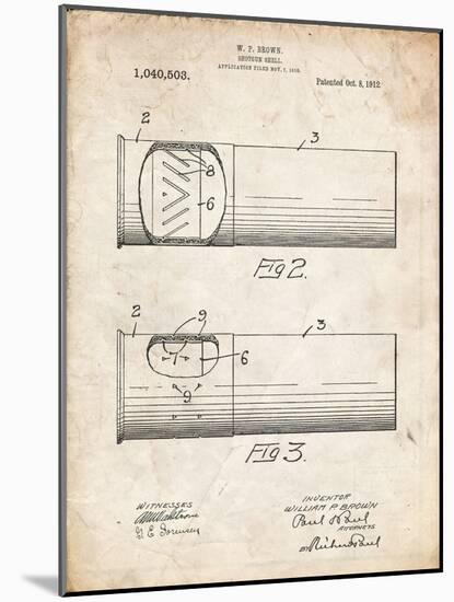 PP1033-Vintage Parchment Shotgun Shell Patent Print-Cole Borders-Mounted Giclee Print