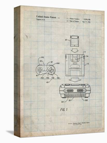 PP1072-Antique Grid Parchment Super Nintendo Console Remote and Cartridge Patent Poster-Cole Borders-Stretched Canvas