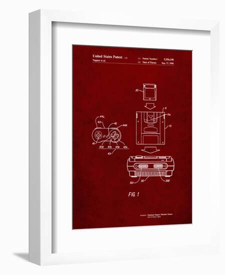 PP1072-Burgundy Super Nintendo Console Remote and Cartridge Patent Poster-Cole Borders-Framed Giclee Print