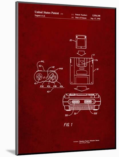 PP1072-Burgundy Super Nintendo Console Remote and Cartridge Patent Poster-Cole Borders-Mounted Giclee Print