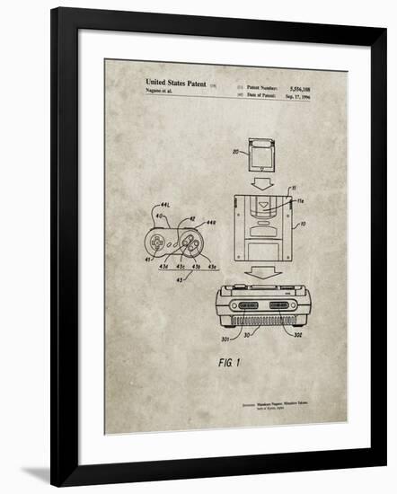 PP1072-Sandstone Super Nintendo Console Remote and Cartridge Patent Poster-Cole Borders-Framed Giclee Print