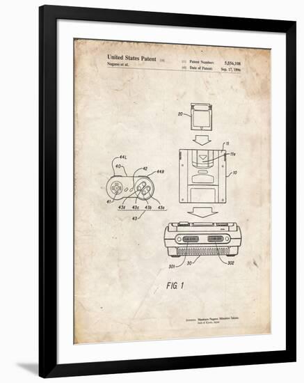 PP1072-Vintage Parchment Super Nintendo Console Remote and Cartridge Patent Poster-Cole Borders-Framed Premium Giclee Print