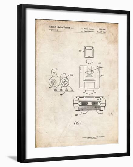PP1072-Vintage Parchment Super Nintendo Console Remote and Cartridge Patent Poster-Cole Borders-Framed Giclee Print