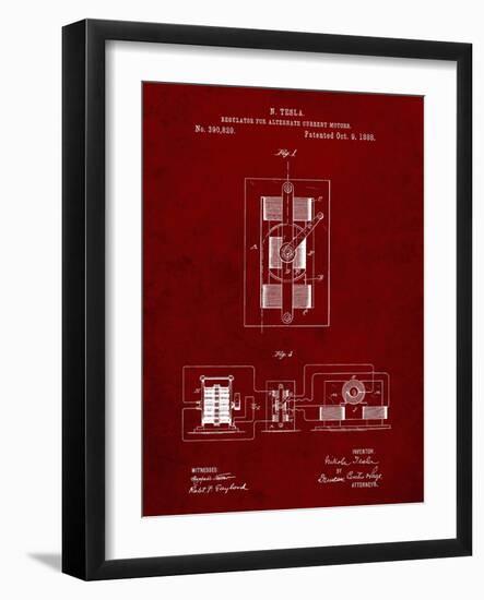 PP1095-Burgundy Tesla Regulator for Alternate Current Motor Patent Poster-Cole Borders-Framed Giclee Print