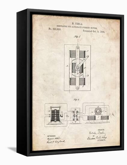 PP1095-Vintage Parchment Tesla Regulator for Alternate Current Motor Patent Poster-Cole Borders-Framed Stretched Canvas