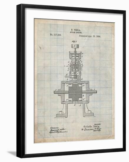 PP1096-Antique Grid Parchment Tesla Steam Engine Patent Poster-Cole Borders-Framed Giclee Print