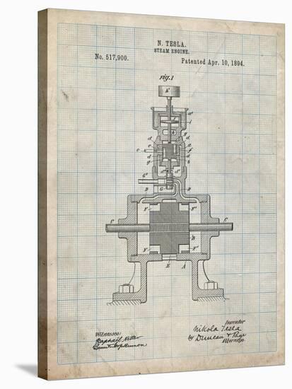 PP1096-Antique Grid Parchment Tesla Steam Engine Patent Poster-Cole Borders-Stretched Canvas