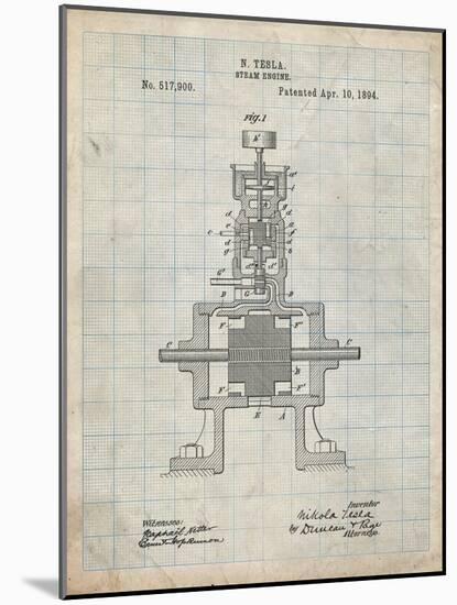 PP1096-Antique Grid Parchment Tesla Steam Engine Patent Poster-Cole Borders-Mounted Giclee Print