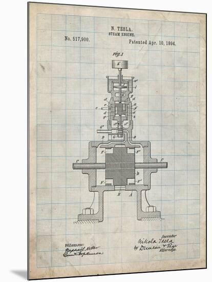 PP1096-Antique Grid Parchment Tesla Steam Engine Patent Poster-Cole Borders-Mounted Giclee Print