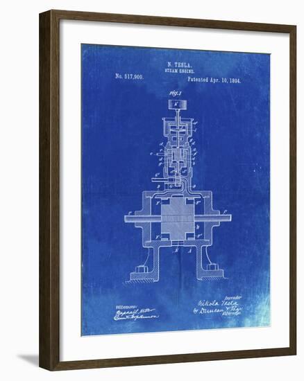 PP1096-Faded Blueprint Tesla Steam Engine Patent Poster-Cole Borders-Framed Giclee Print