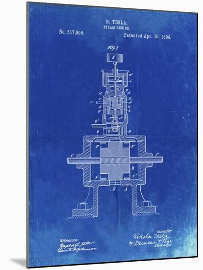 PP1096-Faded Blueprint Tesla Steam Engine Patent Poster-Cole Borders-Mounted Giclee Print