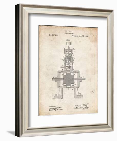 PP1096-Vintage Parchment Tesla Steam Engine Patent Poster-Cole Borders-Framed Giclee Print