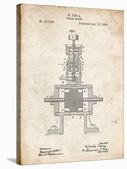 PP1096-Vintage Parchment Tesla Steam Engine Patent Poster-Cole Borders-Stretched Canvas