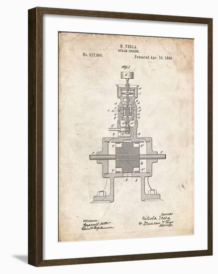 PP1096-Vintage Parchment Tesla Steam Engine Patent Poster-Cole Borders-Framed Giclee Print