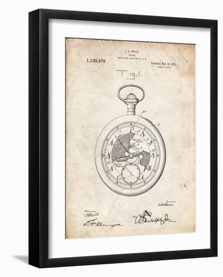 PP112-Vintage Parchment U.S. Watch Co. Pocket Watch Patent Poster-Cole Borders-Framed Giclee Print