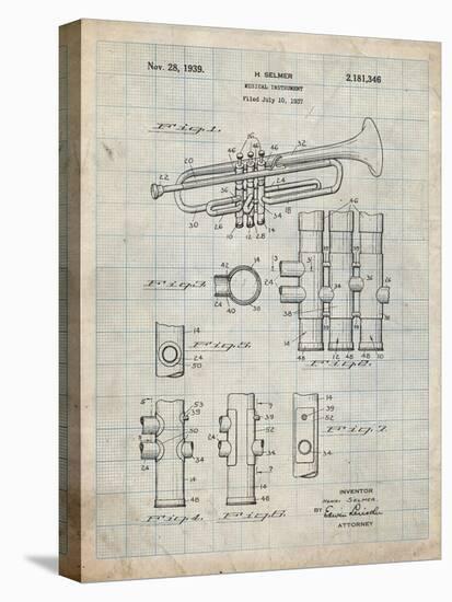 PP141- Antique Grid Parchment Selmer 1939 Trumpet Patent Poster-Cole Borders-Stretched Canvas