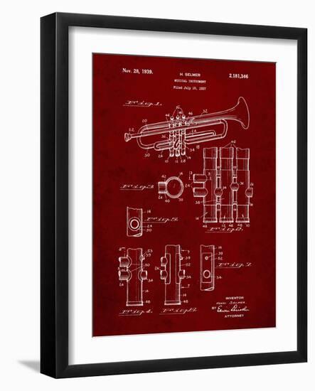 PP141- Burgundy Selmer 1939 Trumpet Patent Poster-Cole Borders-Framed Giclee Print