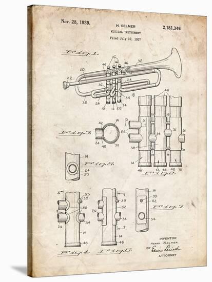 PP141- Vintage Parchment Selmer 1939 Trumpet Patent Poster-Cole Borders-Stretched Canvas
