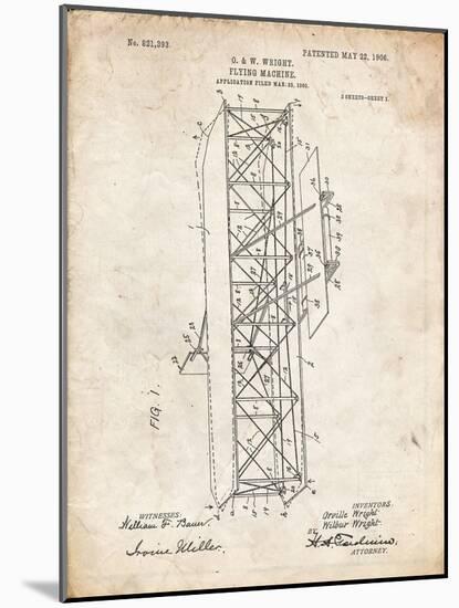 PP288-Vintage Parchment Wright Brothers Flying Machine Patent Poster-Cole Borders-Mounted Giclee Print